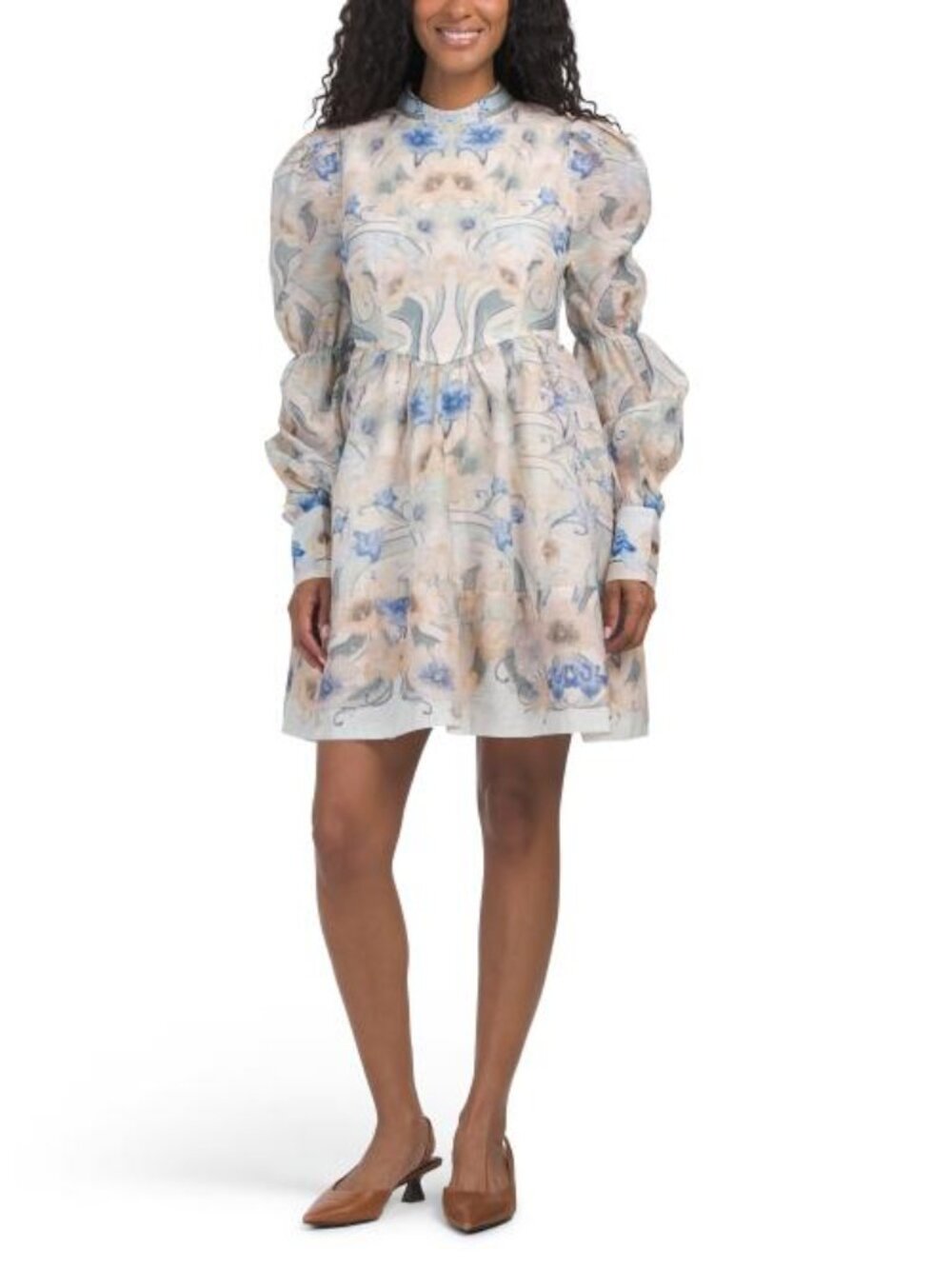 NANCY YANG Balloon Sleeve Mock Neck Mini Dress